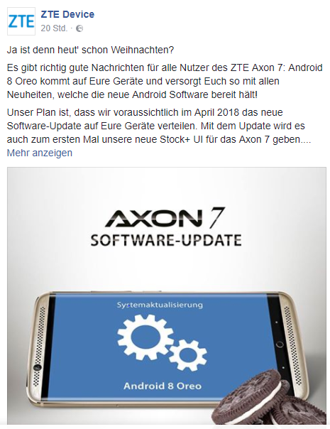 ZTE Axon 7 Android 8.0 Bild ZTE über Facebook